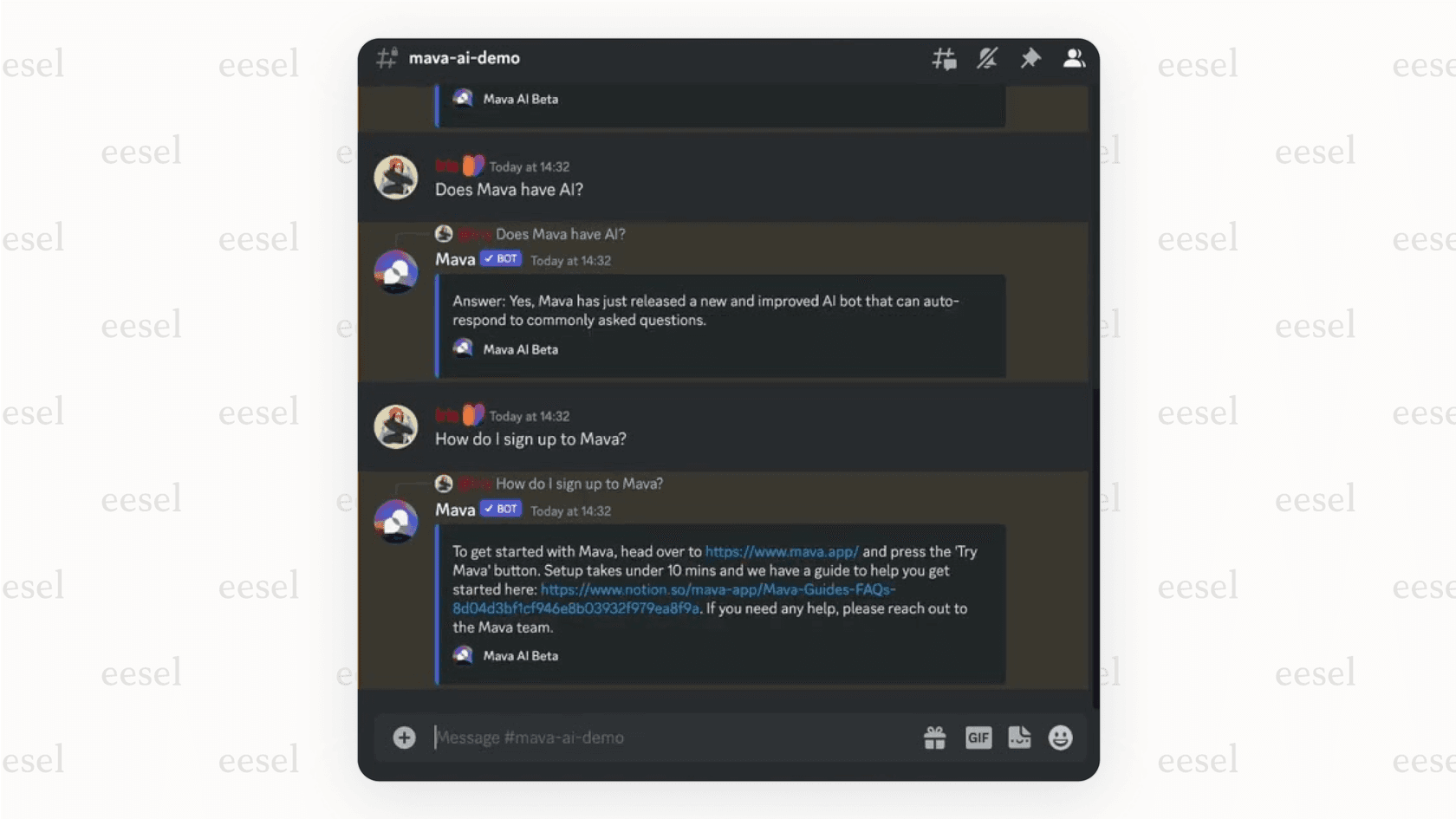 An example of the Mava Discord AI chatbot providing an automated support answer directly within a Discord server.