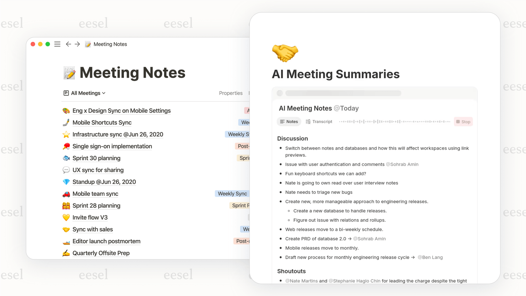 The Notion AI chatbot automating a database by generating meeting notes.