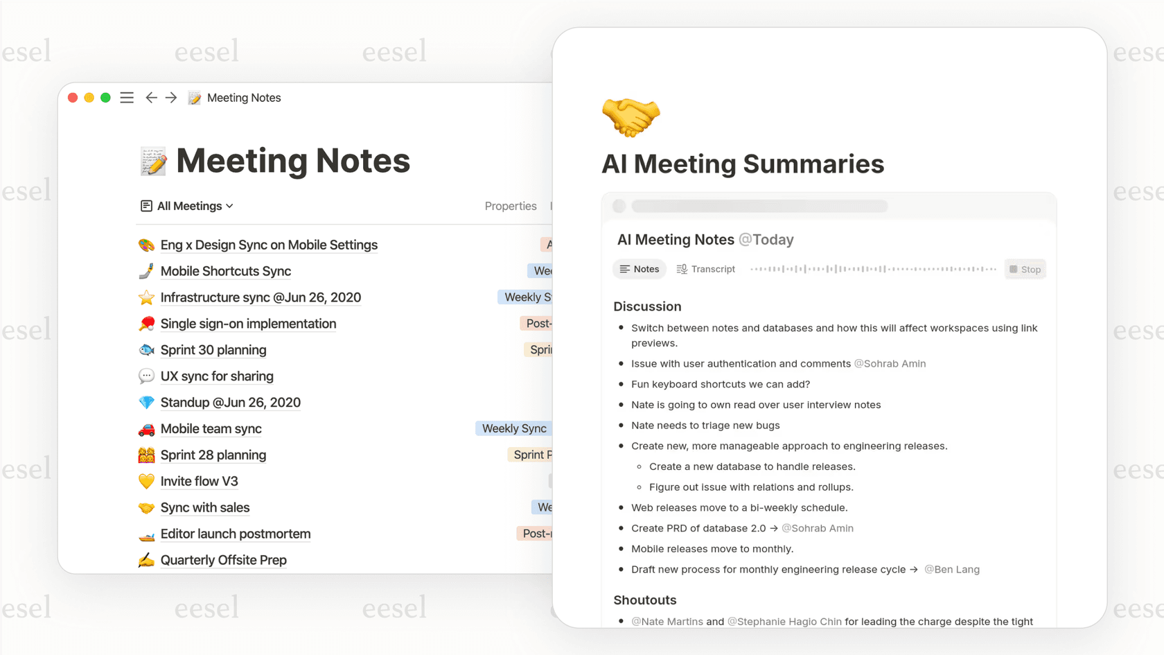 The Notion AI chatbot automating a database by generating meeting notes.