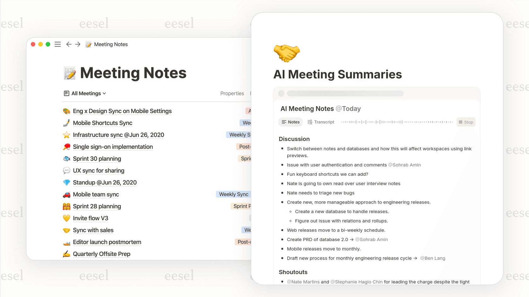 A database of meeting notes where the Notion AI chatbot has automatically generated summaries and action items.
