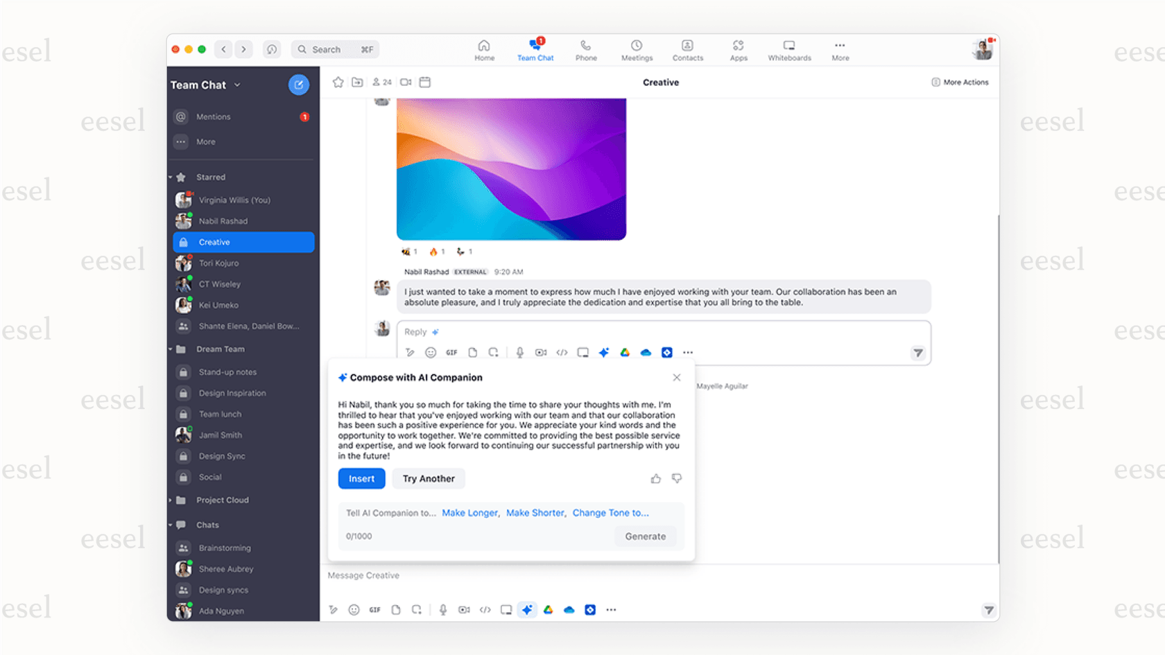 A screenshot demonstrating how the Zoom AI Companion helps draft messages within Zoom Team Chat.