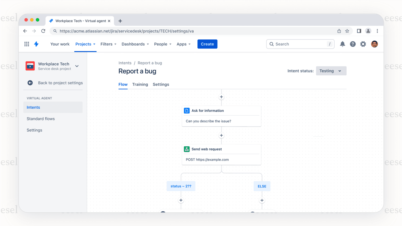 Screenshot showing the manual configuration of conversation flows for the native Jira AI agent, highlighting the setup and customization challenges.