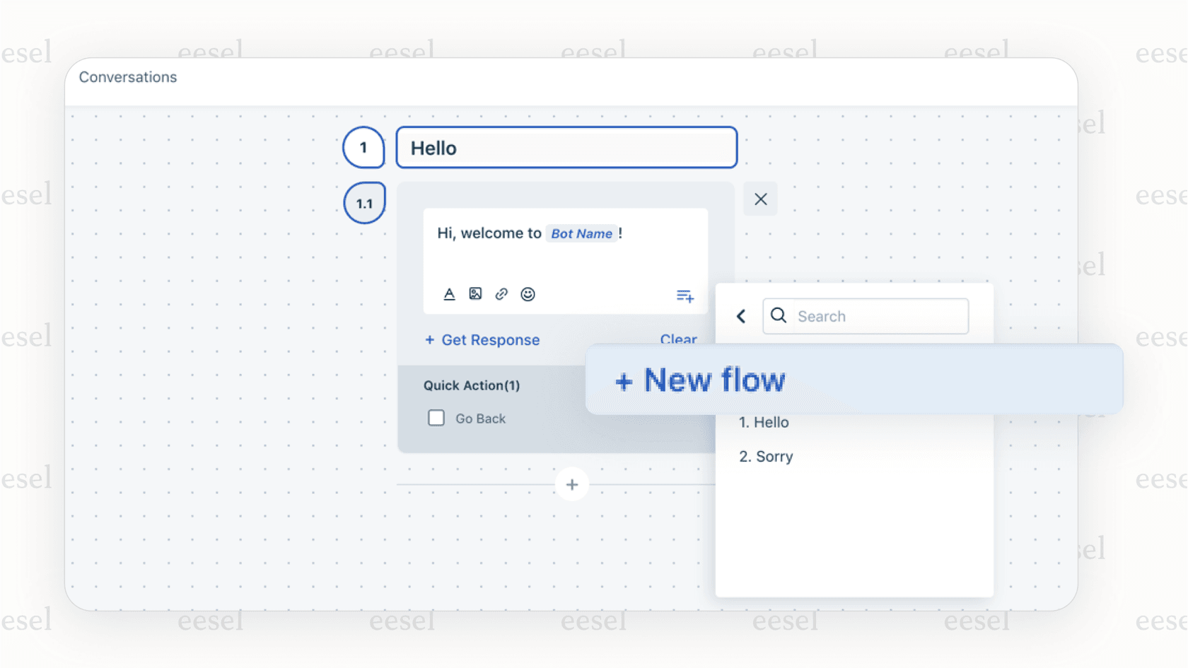 A screenshot of the no-code, drag-and-drop conversational builder used to create flows for the Freshdesk AI chatbot.