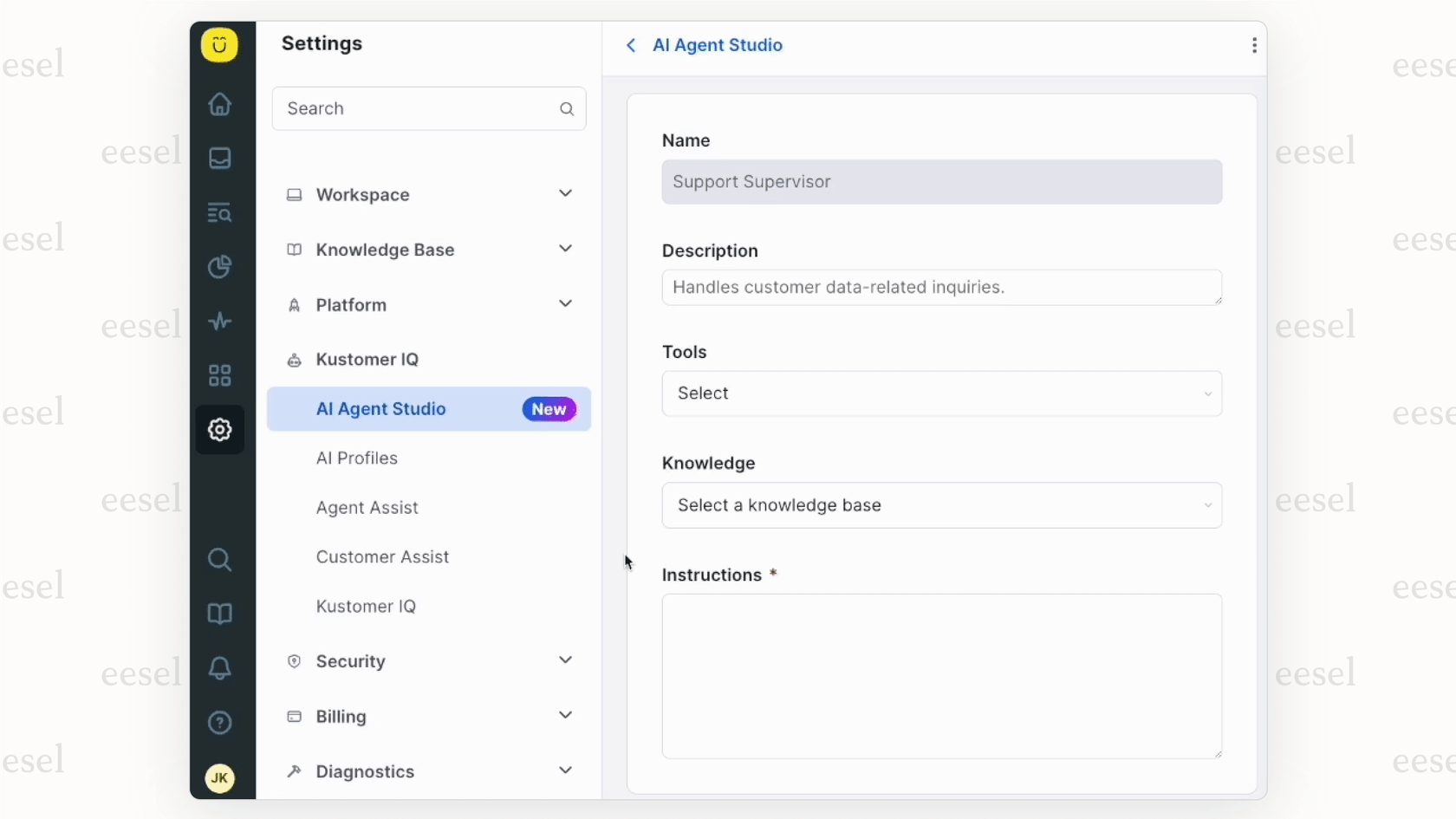 Ein Screenshot des Kustomer AI Agent Studio, der die No-Code-Tools zum Erstellen und Trainieren von KI-Agenten innerhalb der Plattform hervorhebt.