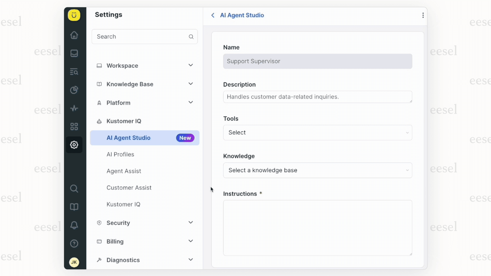 A screenshot of the Kustomer AI Agent Studio, highlighting the no-code tools for building and training AI agents within the platform.