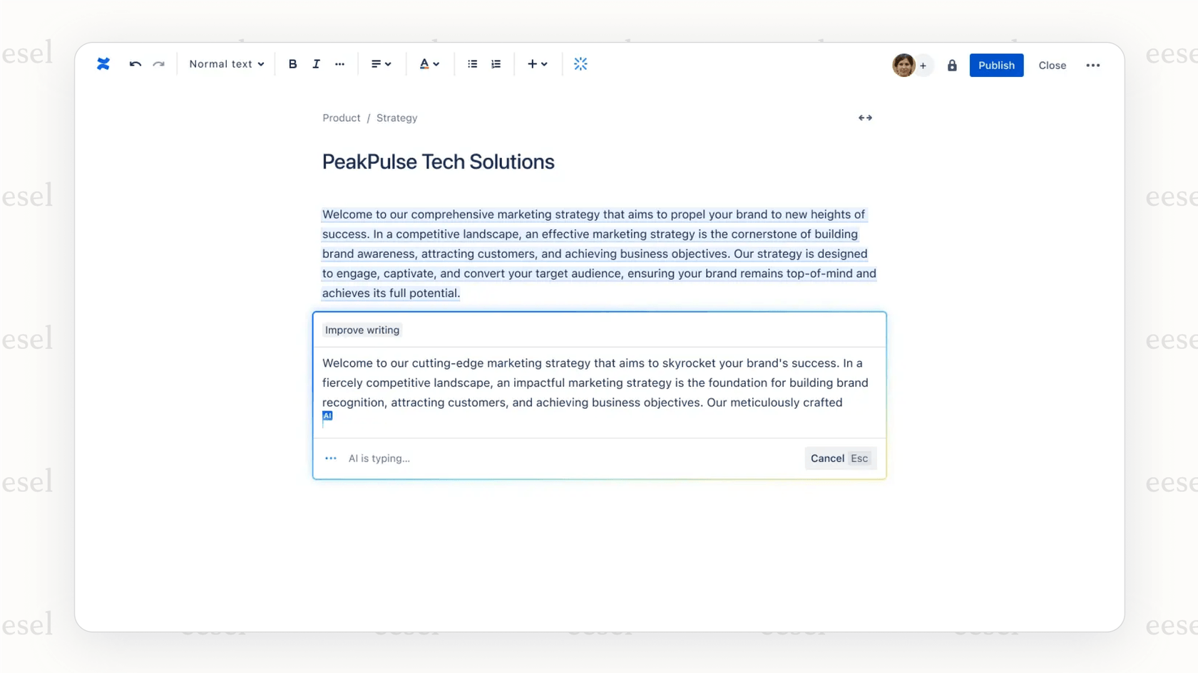 A screenshot of Atlassian Intelligence Draft Content generating a how-to article in Confluence.