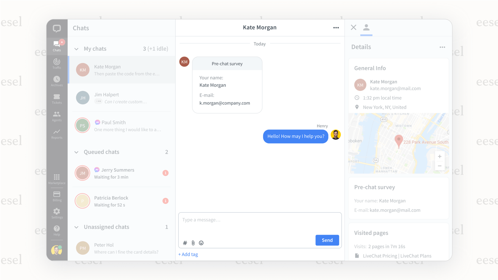 Screenshot of the LiveChat AI agent inbox. The screen shows the full conversation history with the bot, and a notification that the chat has been transferred to a human agent for assistance.