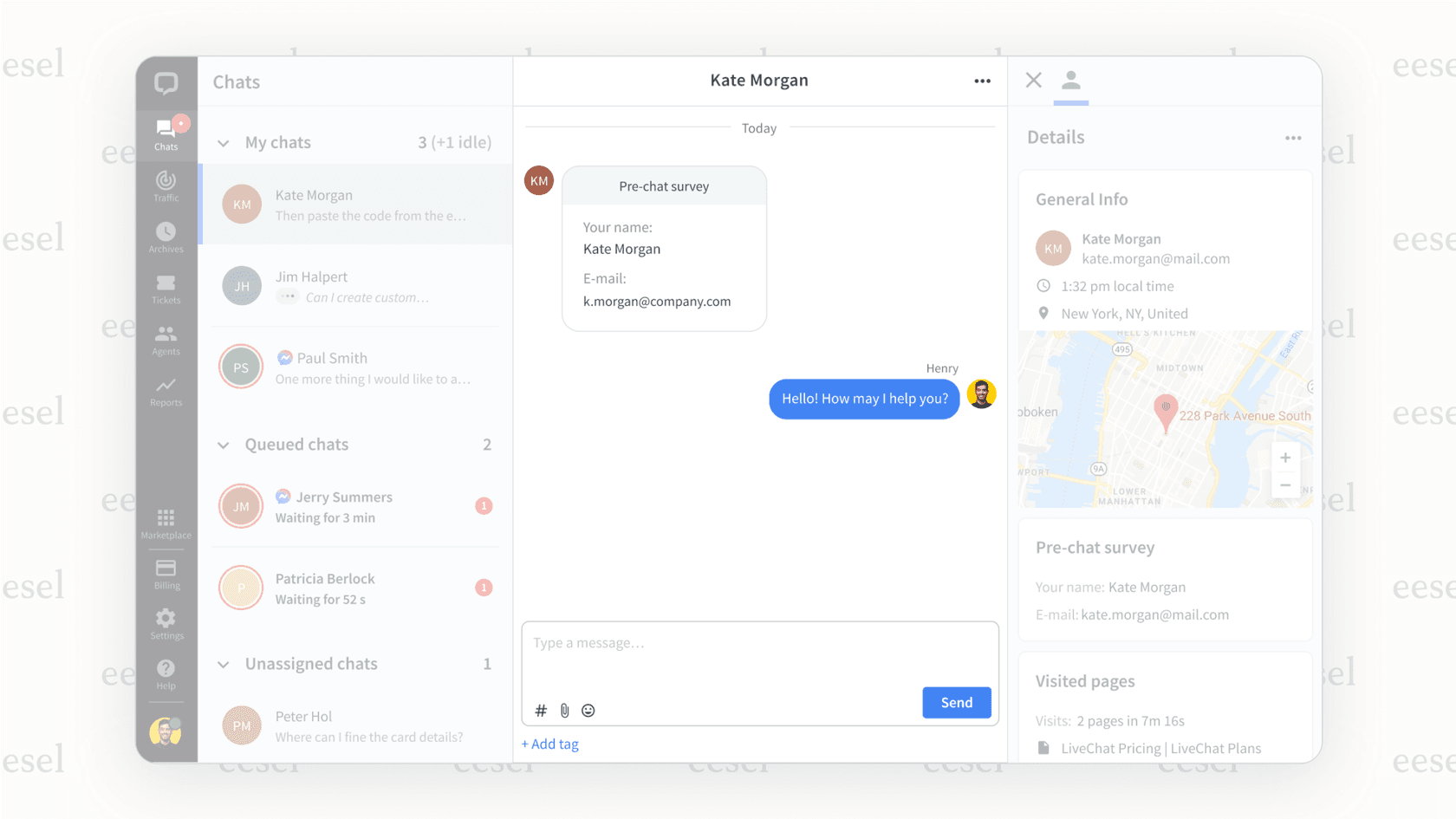 Screenshot of the LiveChat AI agent inbox. The screen shows the full conversation history with the bot, and a notification that the chat has been transferred to a human agent for assistance.