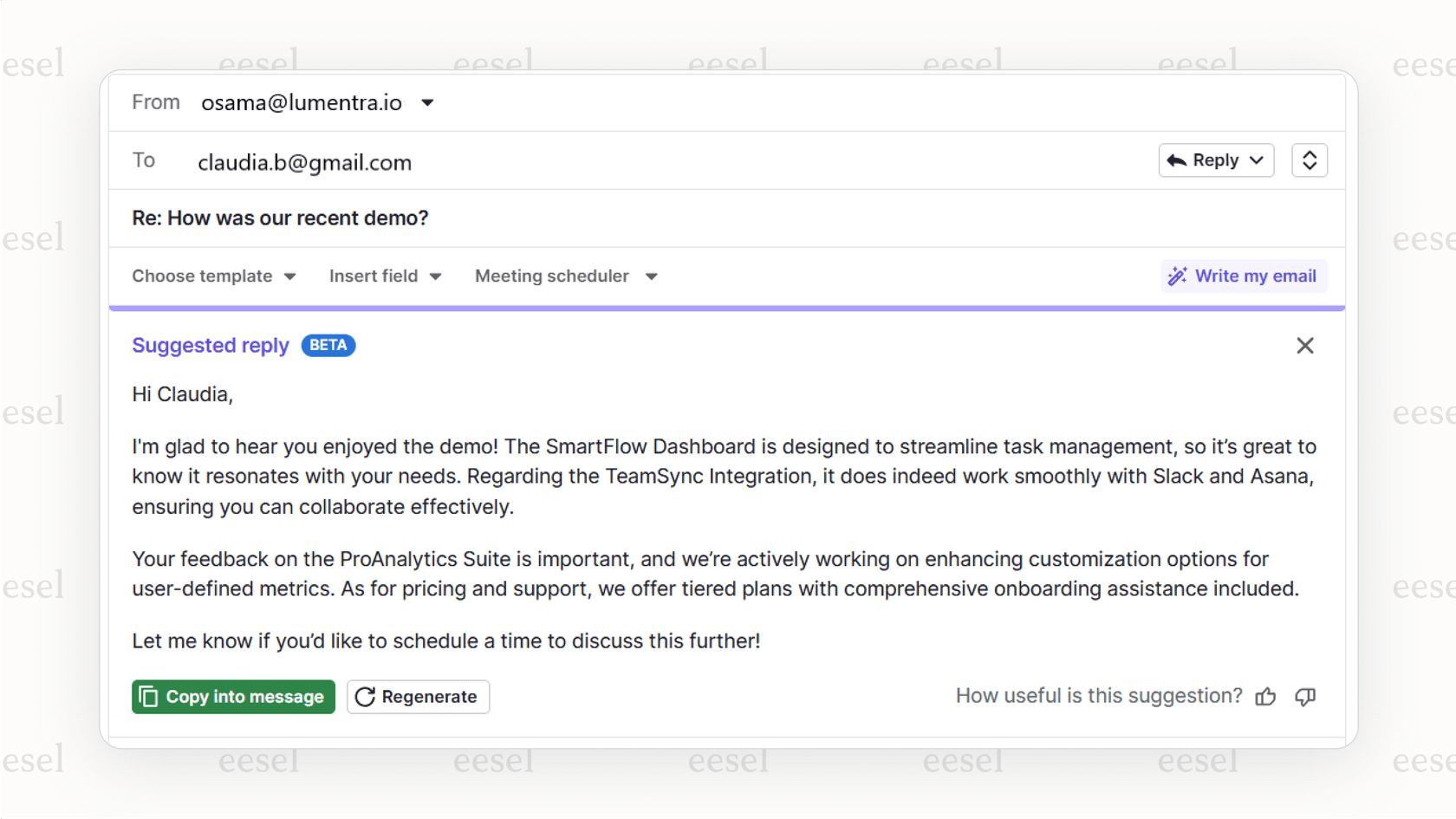 Screenshot of the Pipedrive AI email writer tool creating a follow-up email from a simple user prompt, demonstrating its email drafting capabilities.