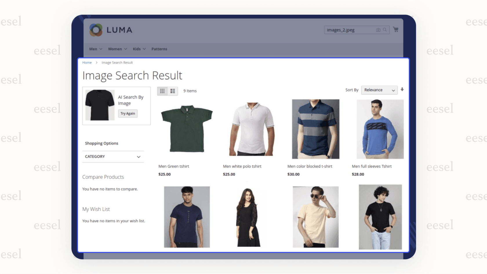 A screenshot of a Magento store showing the Webkul Magento AI Image Search feature, with a button for a customer to upload a photo to find similar products.
