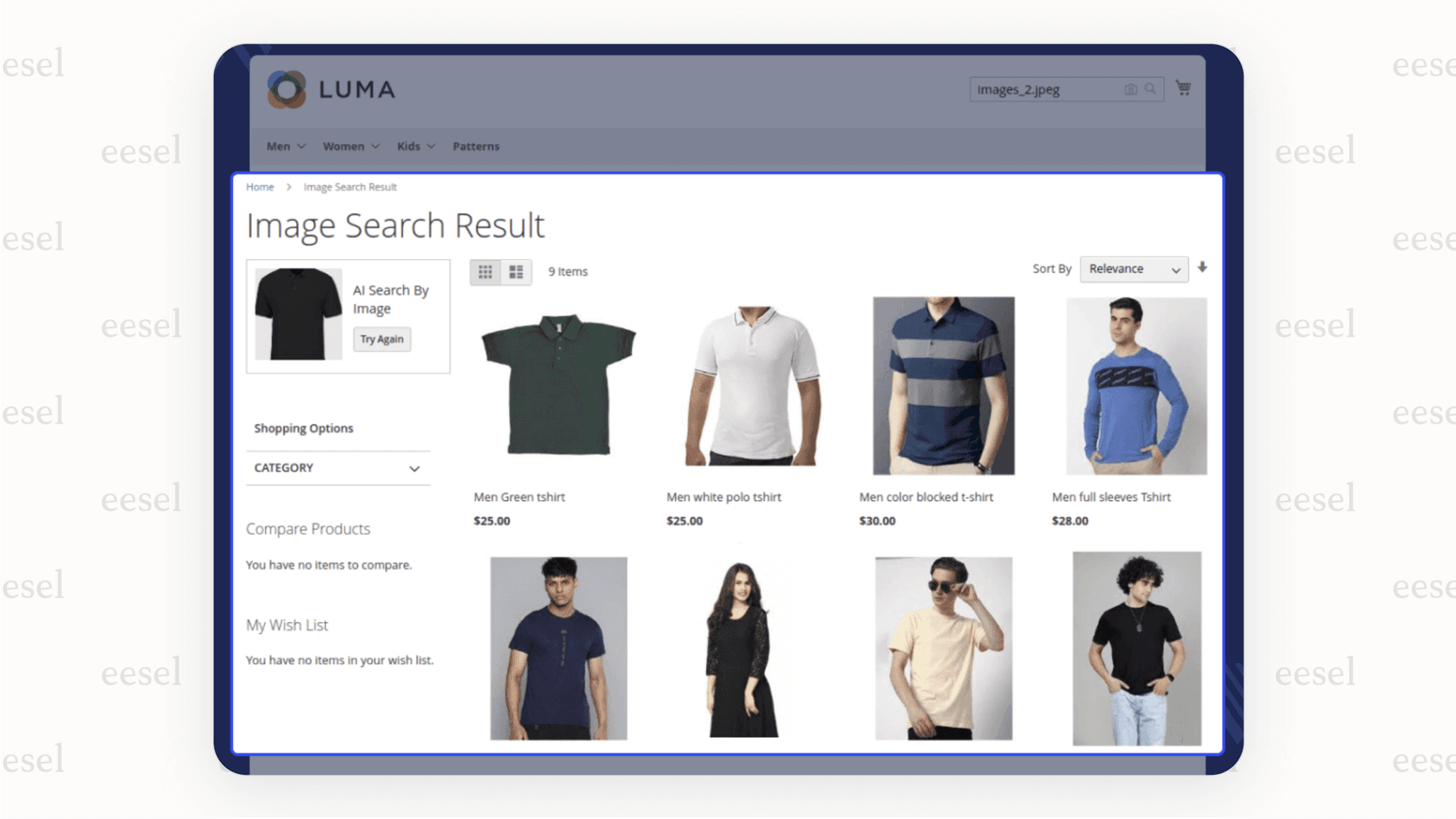 A screenshot of a Magento store showing the Webkul Magento AI Image Search feature, with a button for a customer to upload a photo to find similar products.