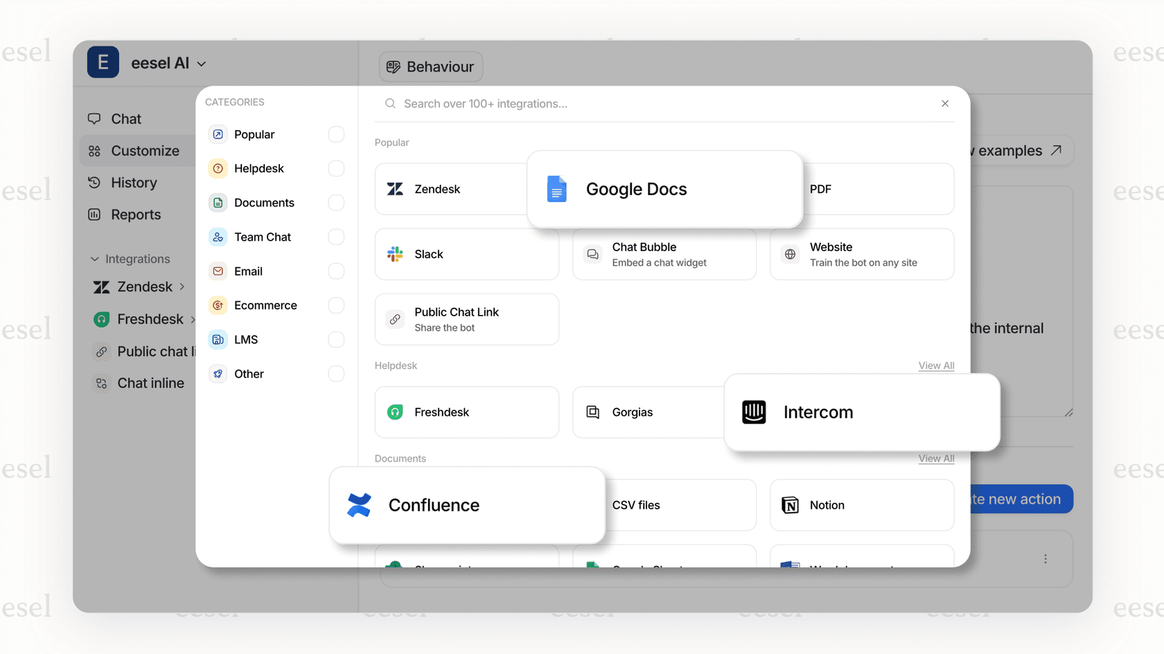 eesel AI, an alternative to a ServiceNow AI agent that integrates with existing tools.
