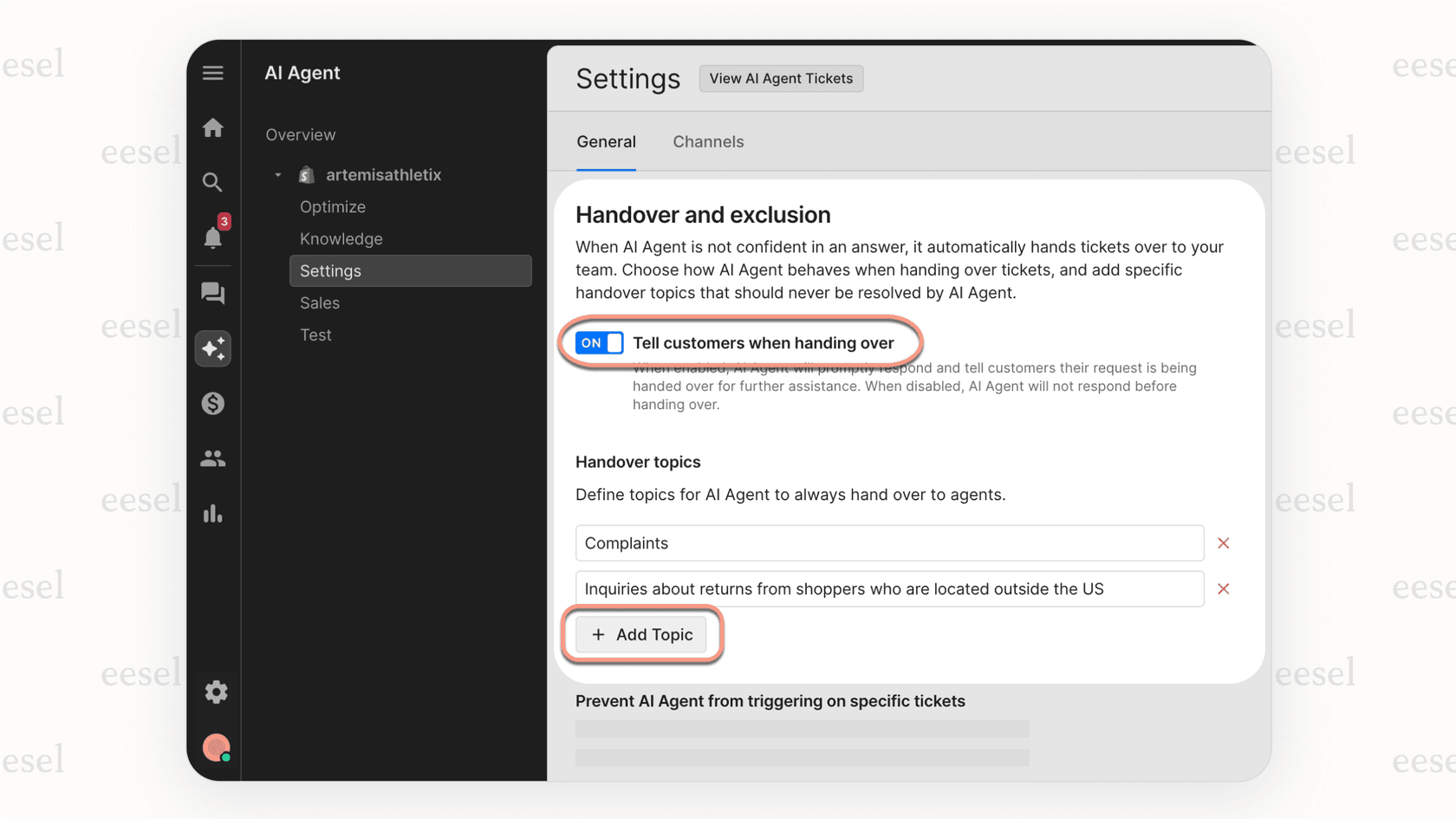 The settings panel for the Gorgias AI chatbot, displaying the fields for setting up Handover topics and Excluded topics to control automation.