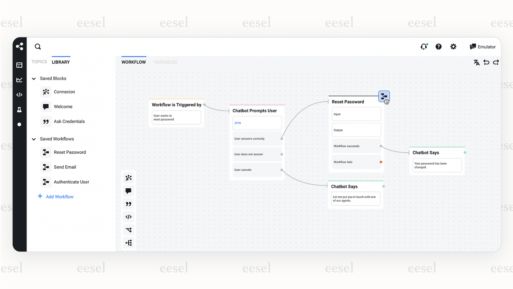 L'interface utilisateur du constructeur de flux visuel de Botpress, qui permet aux développeurs de concevoir la logique d'un AI Discord personnalisé.