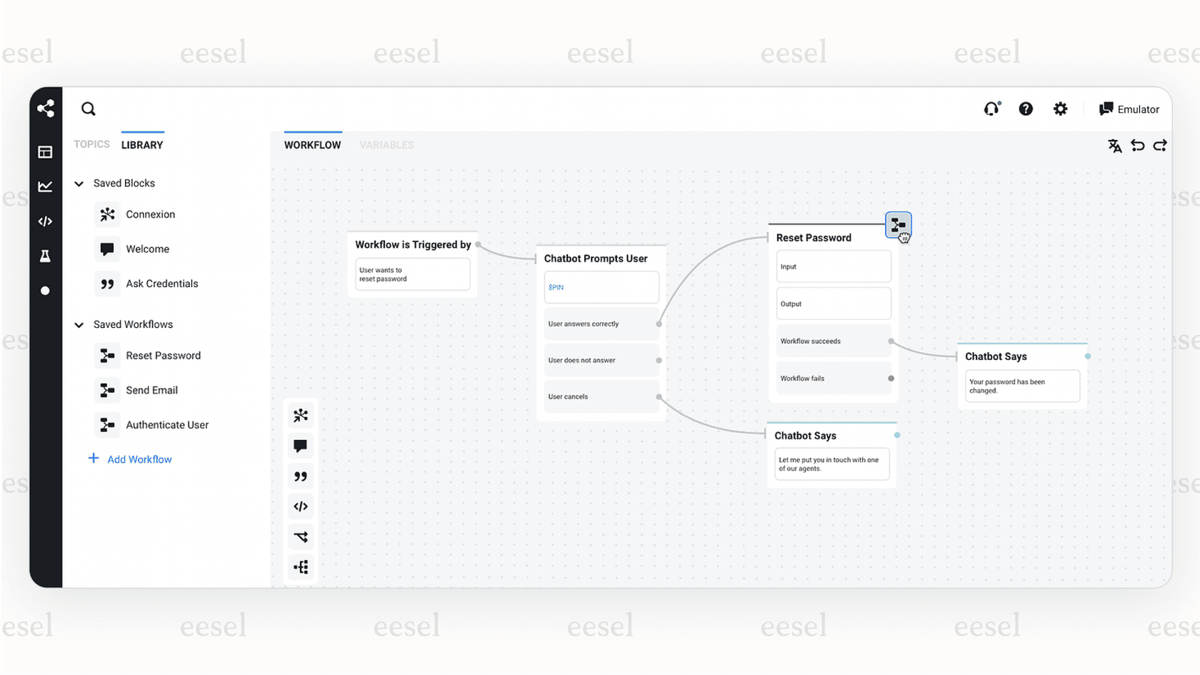 The user interface of the Botpress visual flow builder, which allows developers to design the logic of a custom Discord AI.