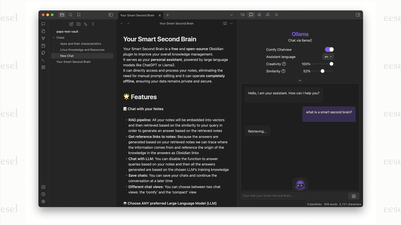 An example of the conversational QA feature in an Obsidian AI plugin.