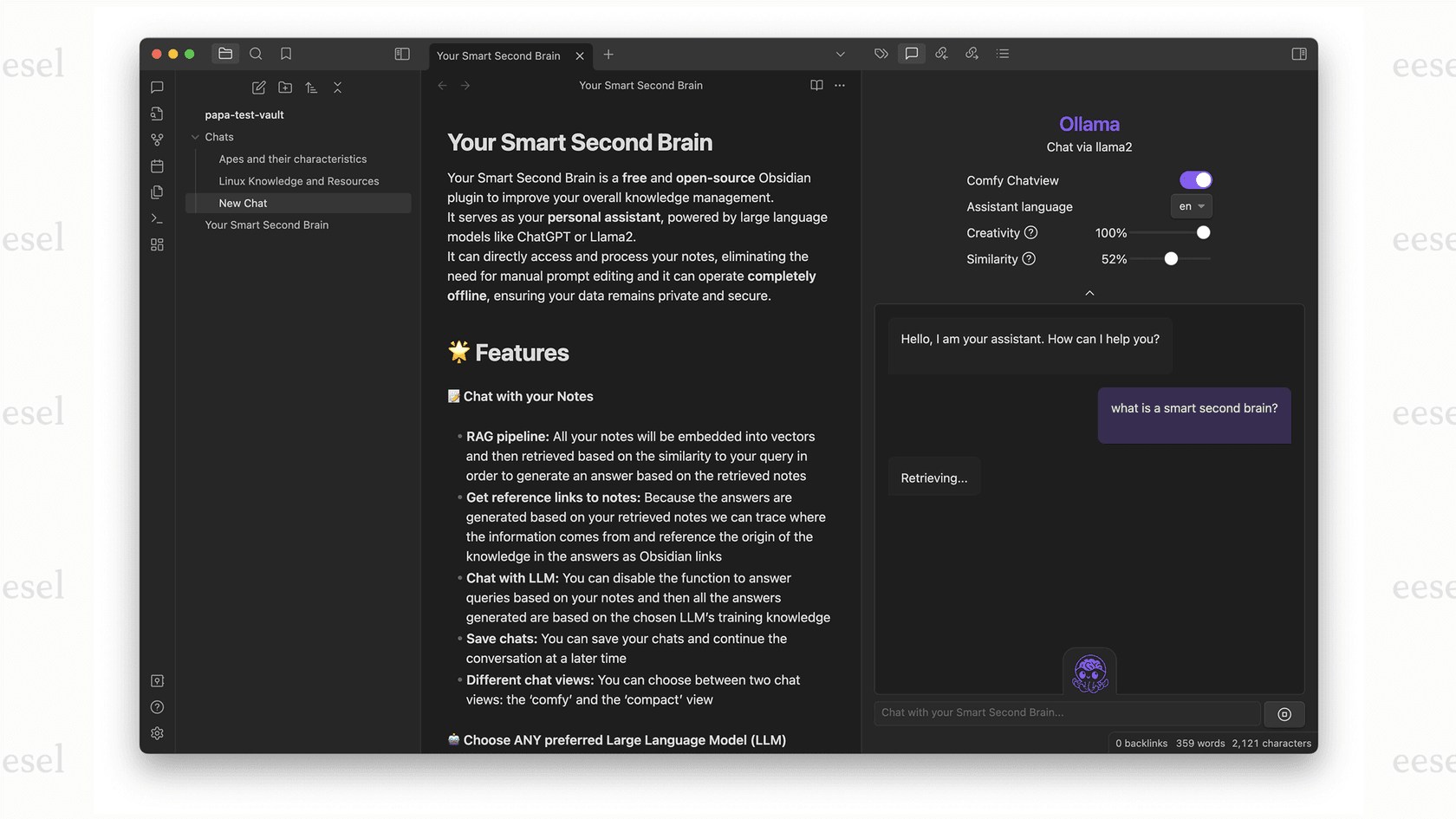 A screenshot of the Copilot for Obsidian plugin demonstrating how a user can ask Obsidian ai a question about their notes and receive a summarized answer with sources.