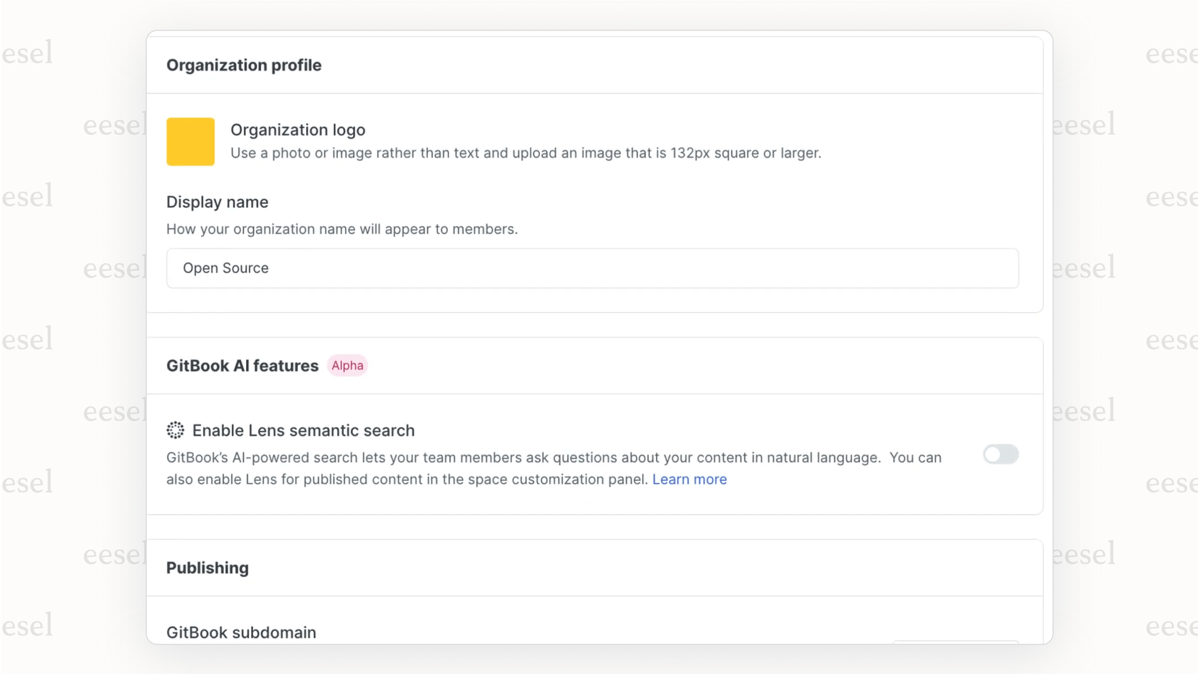 The setting to enable Lens Semantic Search AI in Gitbook's admin panel.