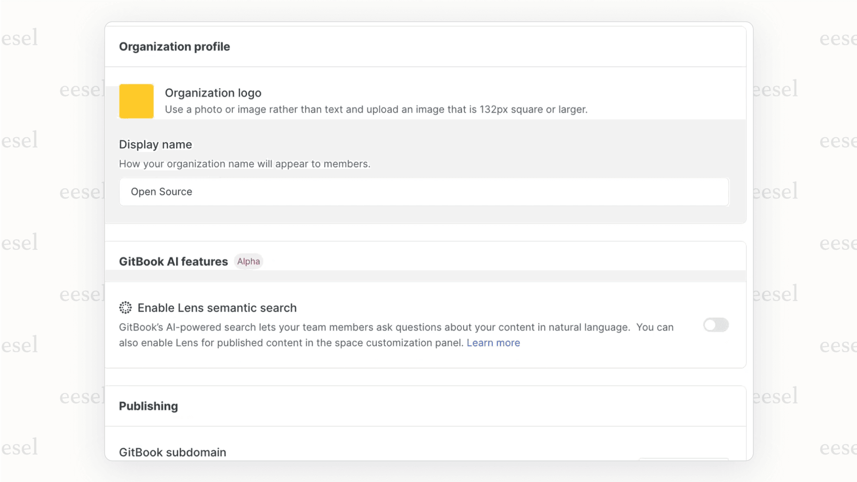A screenshot of the GitBook AI settings page within the admin dashboard, highlighting the toggle button used to activate the feature for the entire organization.