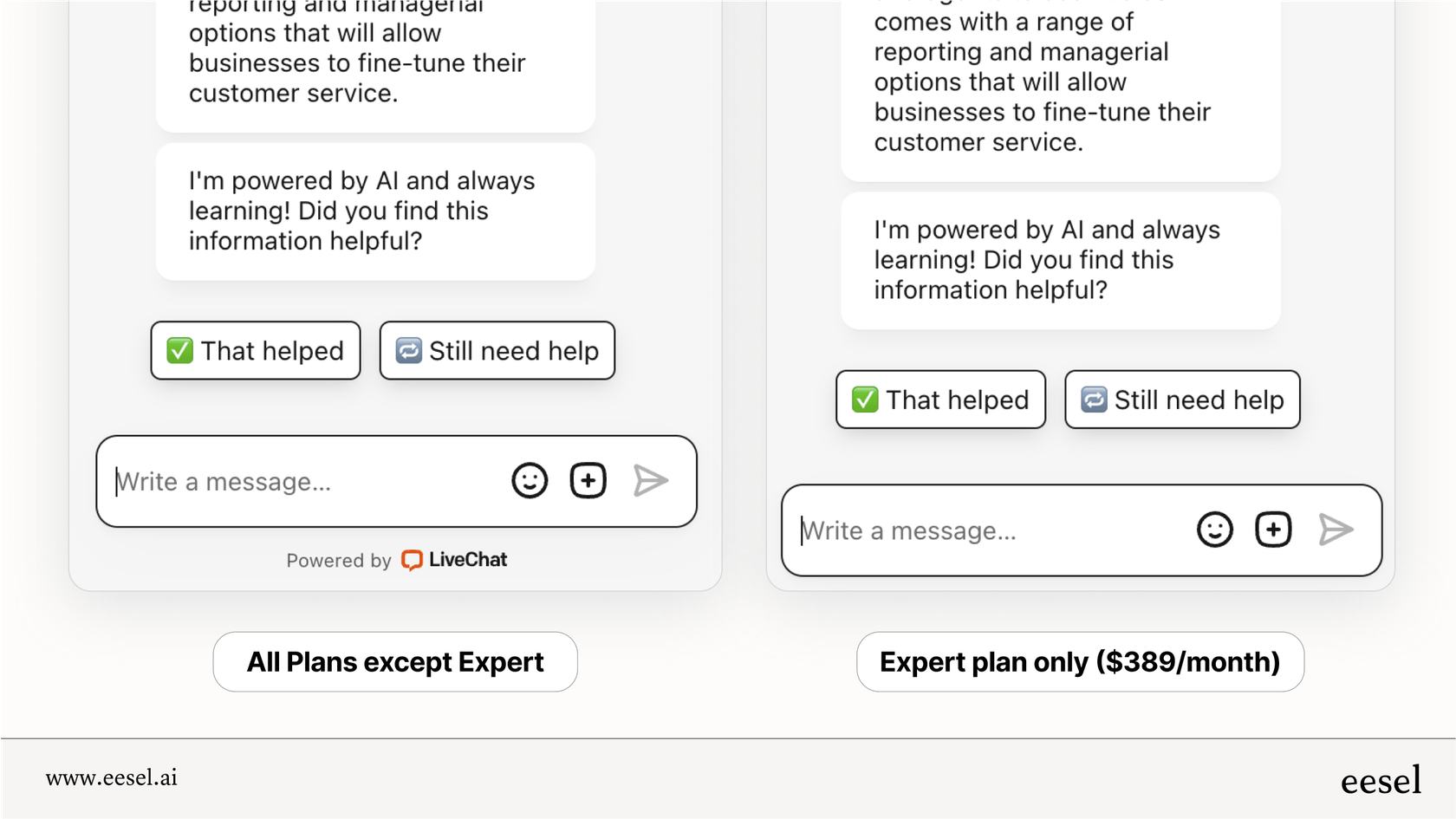 An infographic comparing two versions of the LiveChat AI widget. The left side shows the widget with