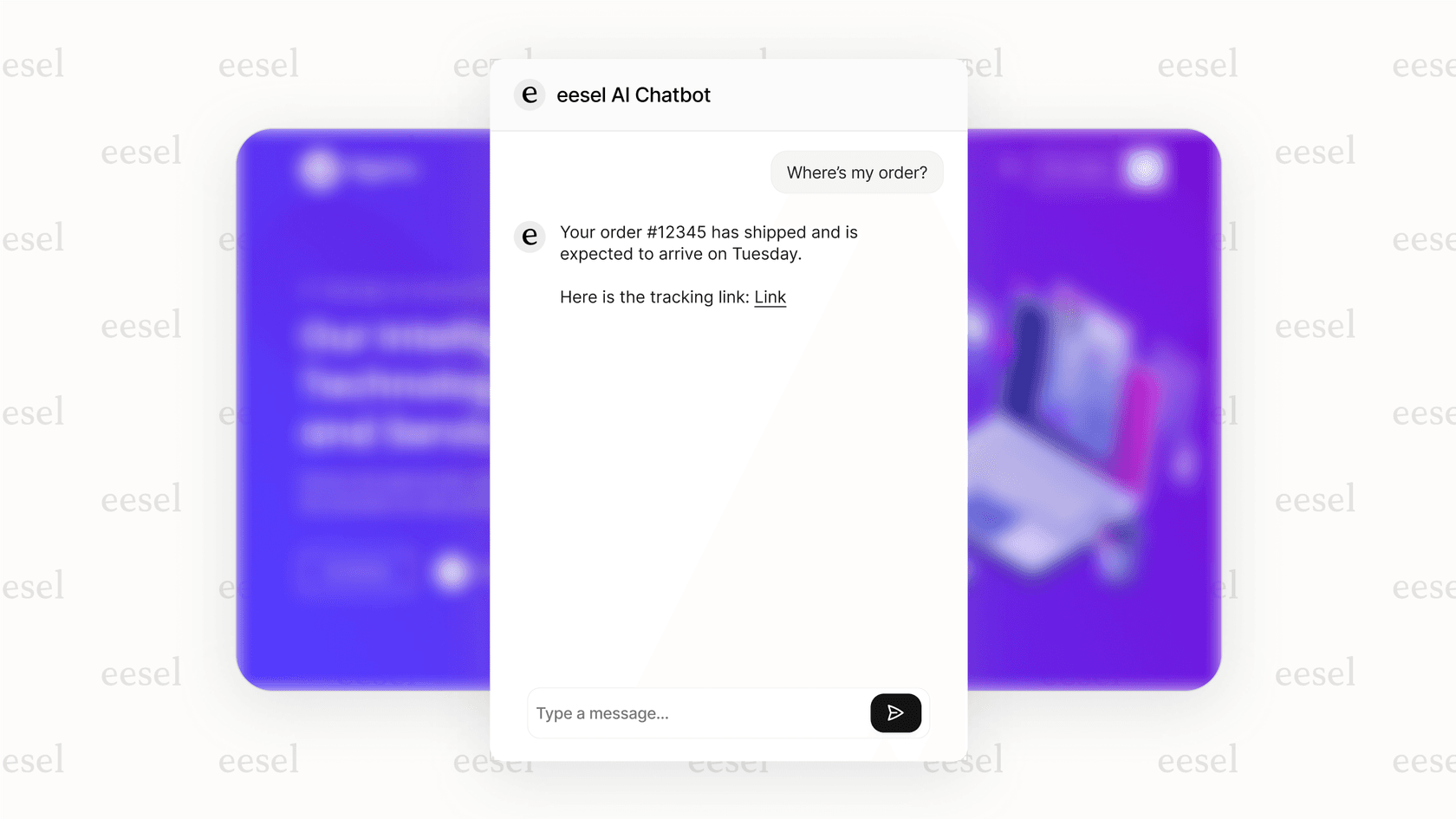 A chatbot powered by eesel and integrated with a BigCommerce AI setup providing a customer with their live order status.