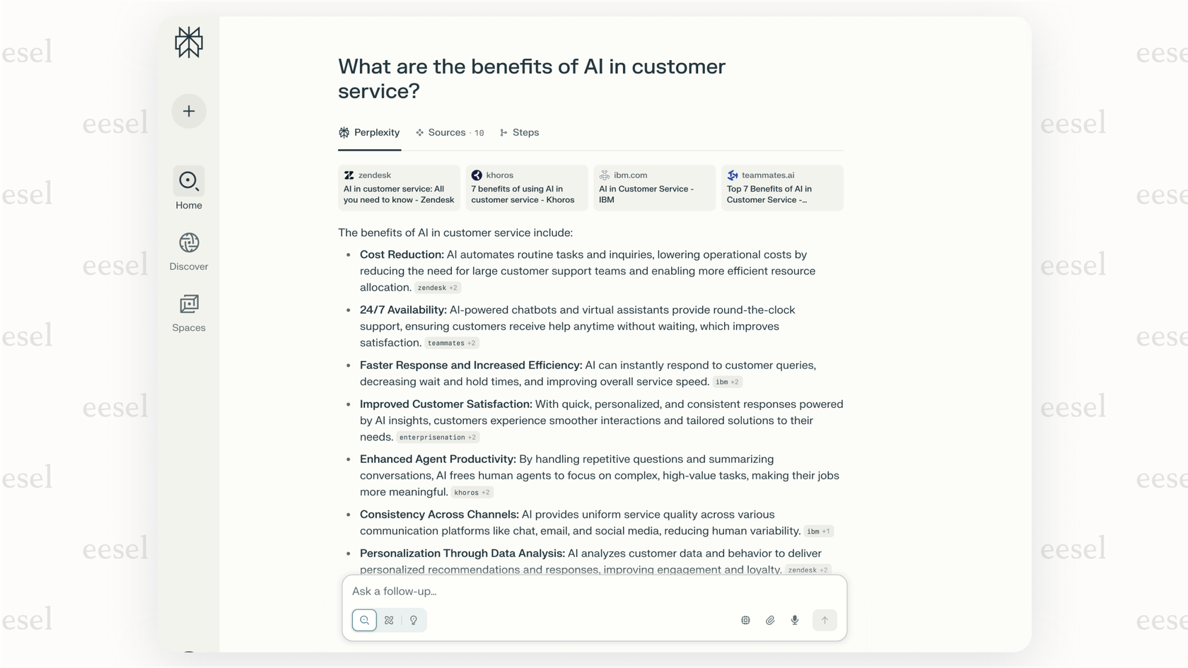 A screenshot of the Perplexity AI interface, a ChatGPT alternative that provides answers with verifiable sources cited to ensure accuracy.