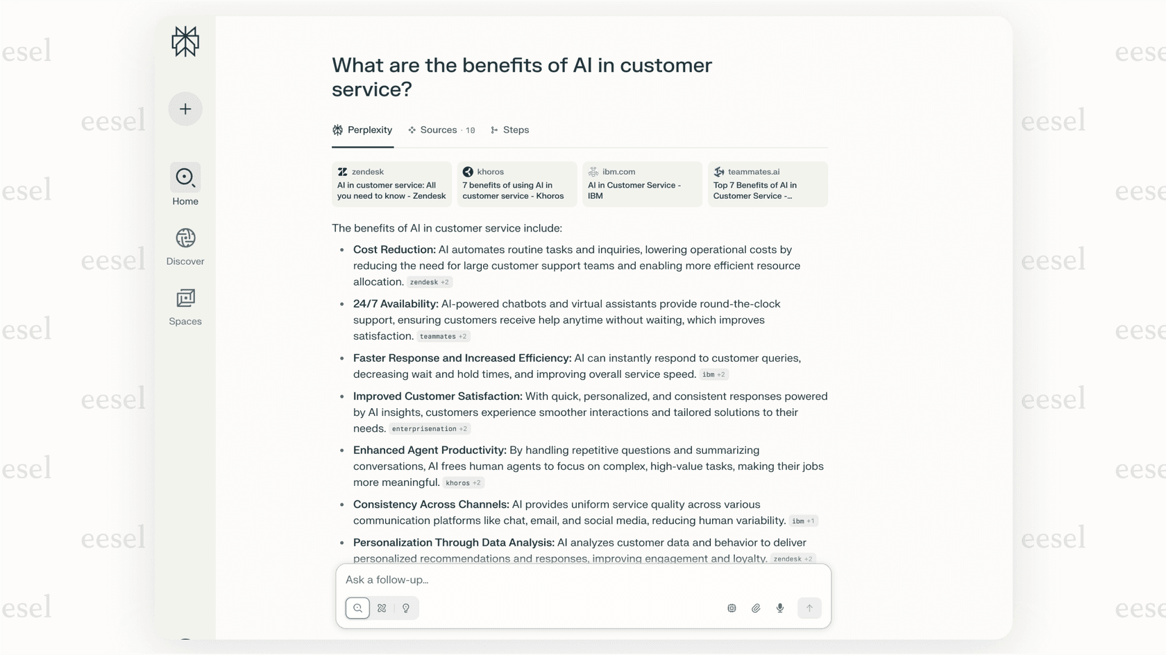 A screenshot of the Perplexity AI interface, a ChatGPT alternative that provides answers with verifiable sources cited to ensure accuracy.