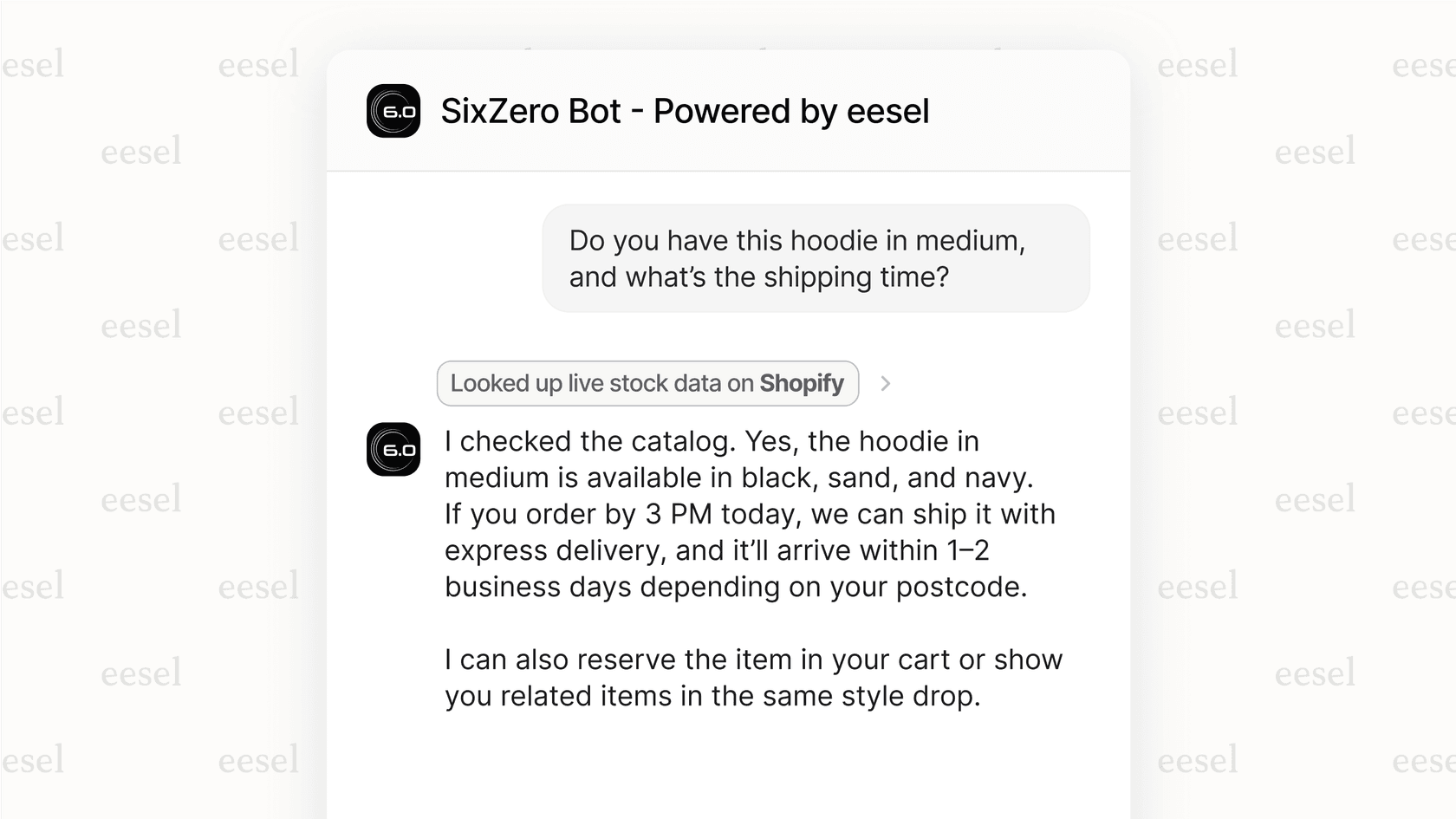 Screenshot of an AI chatbot retrieving live Shopify stock and shipping details, offering to reserve the item or suggest related products.