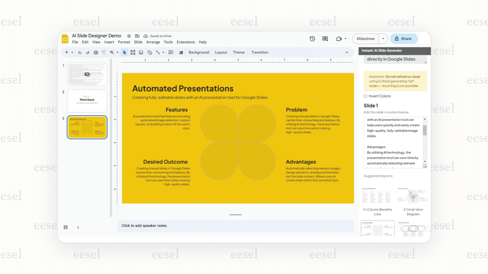 A screenshot showing the Google Drive AI generating a presentation deck from a simple text prompt in Google Slides.