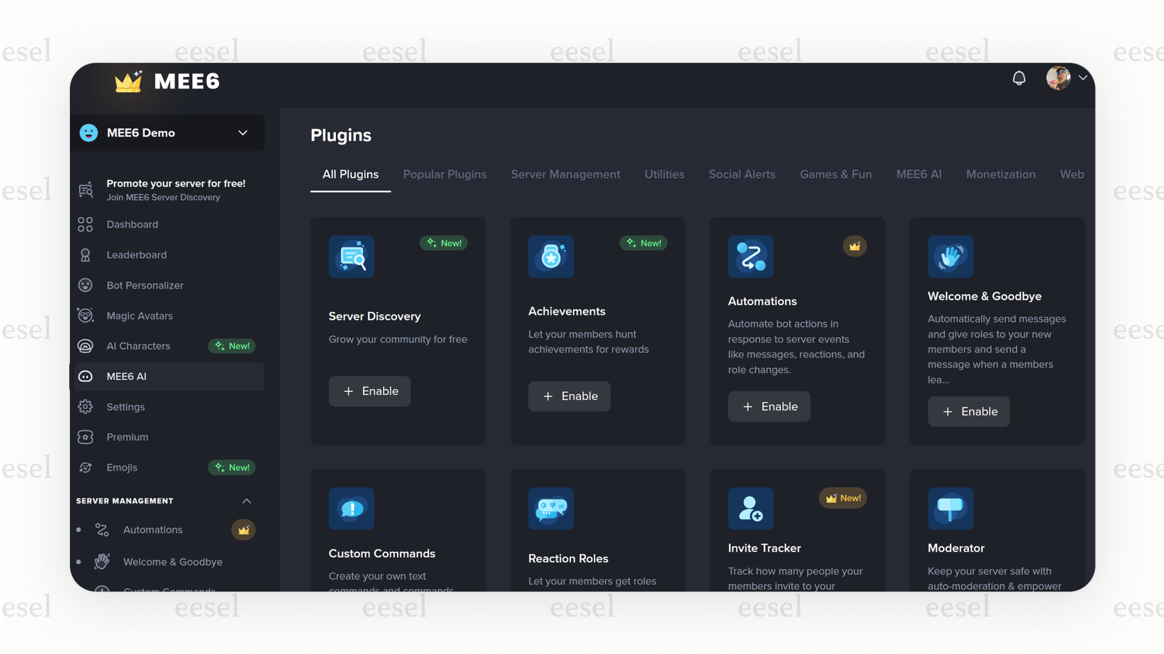 A view of the MEE6 web dashboard, which is used to configure rules for a community-focused Discord AI chatbot.