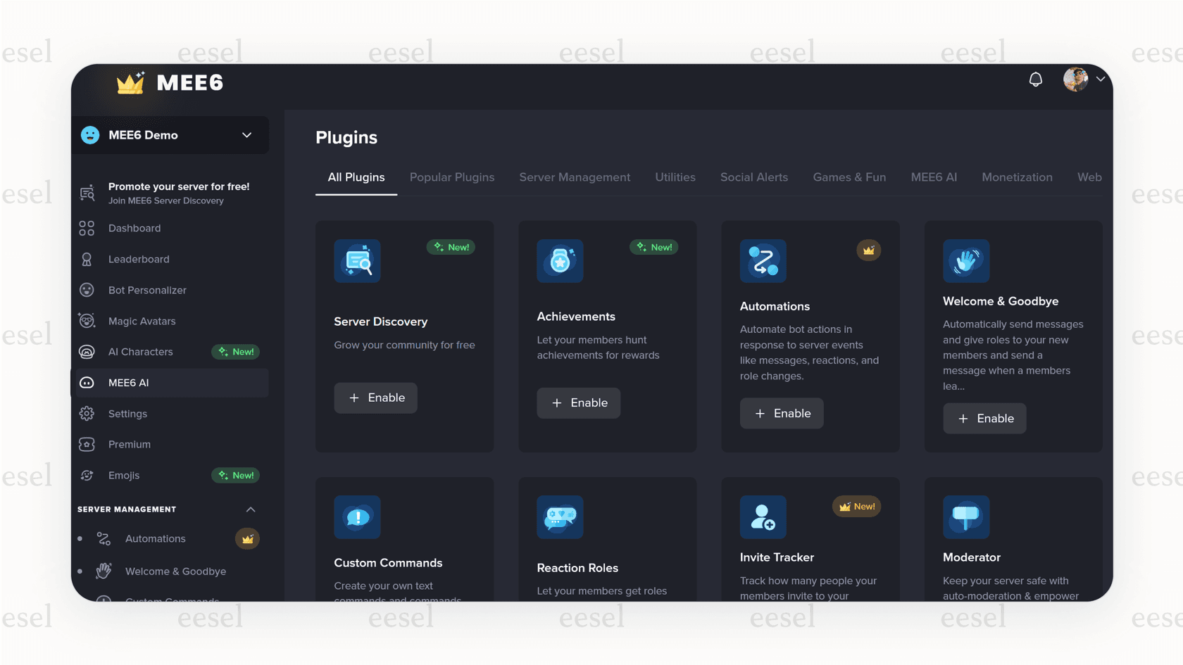 A view of the MEE6 web dashboard, which is used to configure rules for a community-focused Discord AI chatbot.
