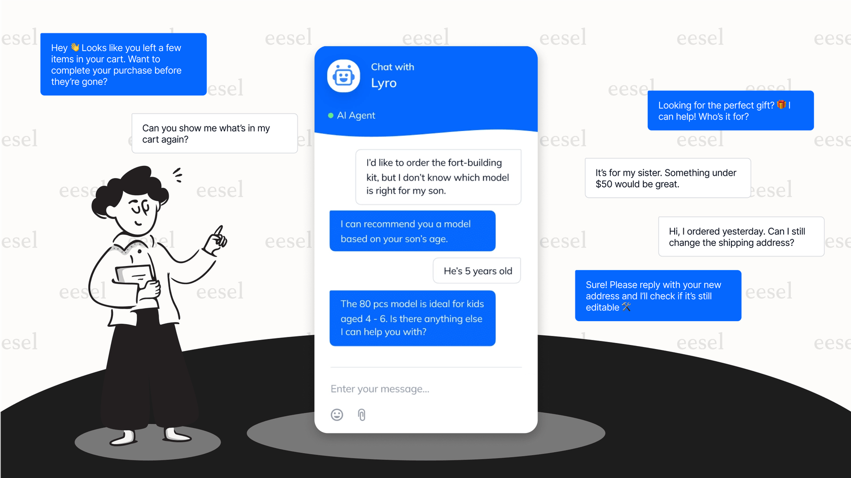 A demonstration of the Tidio WordPress AI chatbot providing an automated response to a customer query in a live chat window.
