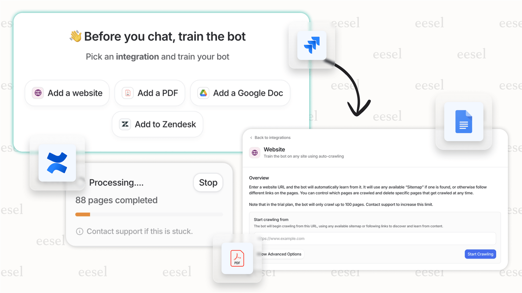 The eesel AI dashboard shows how easy it is to connect multiple knowledge sources, offering a simpler way to manage information than ServiceNow AI Search Results Improvement Rules.
