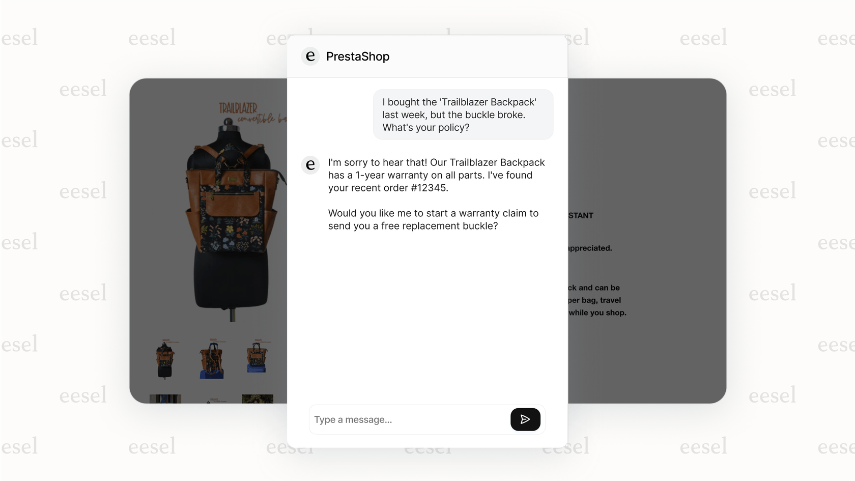 An intelligent prestashop ai chatbot handling a post-purchase support query.