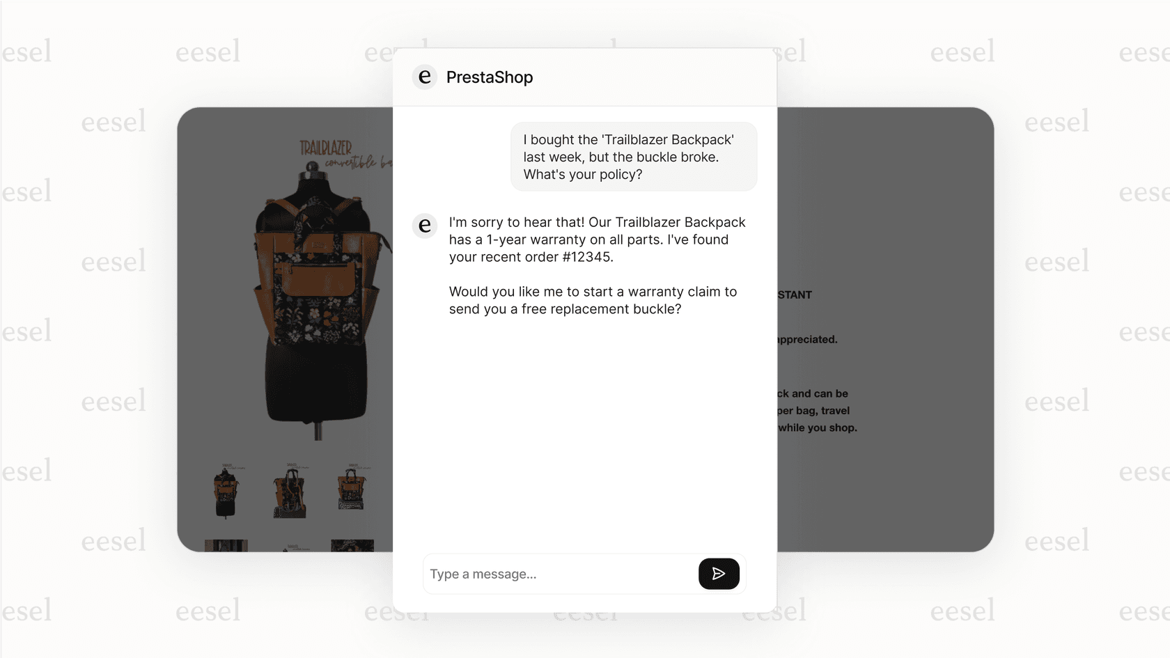An intelligent prestashop ai chatbot handling a post-purchase support query.
