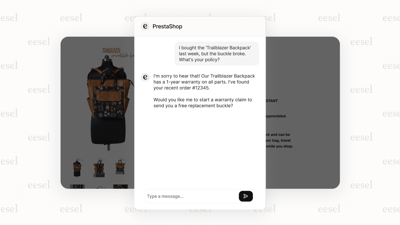 An example of a smart on-site chatbot powered by a unified prestashop ai layer, which accesses order history and warranty information to resolve a customer issue.