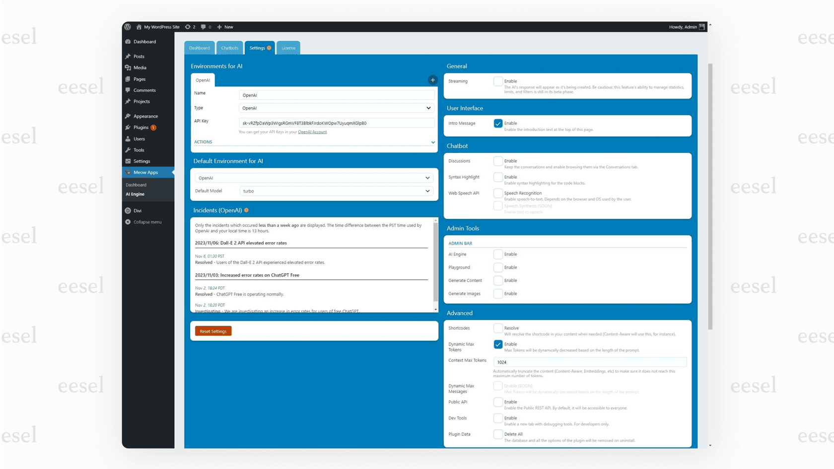 The backend settings of the AI Engine WordPress AI plugin, highlighting the API key connection for custom AI implementation.