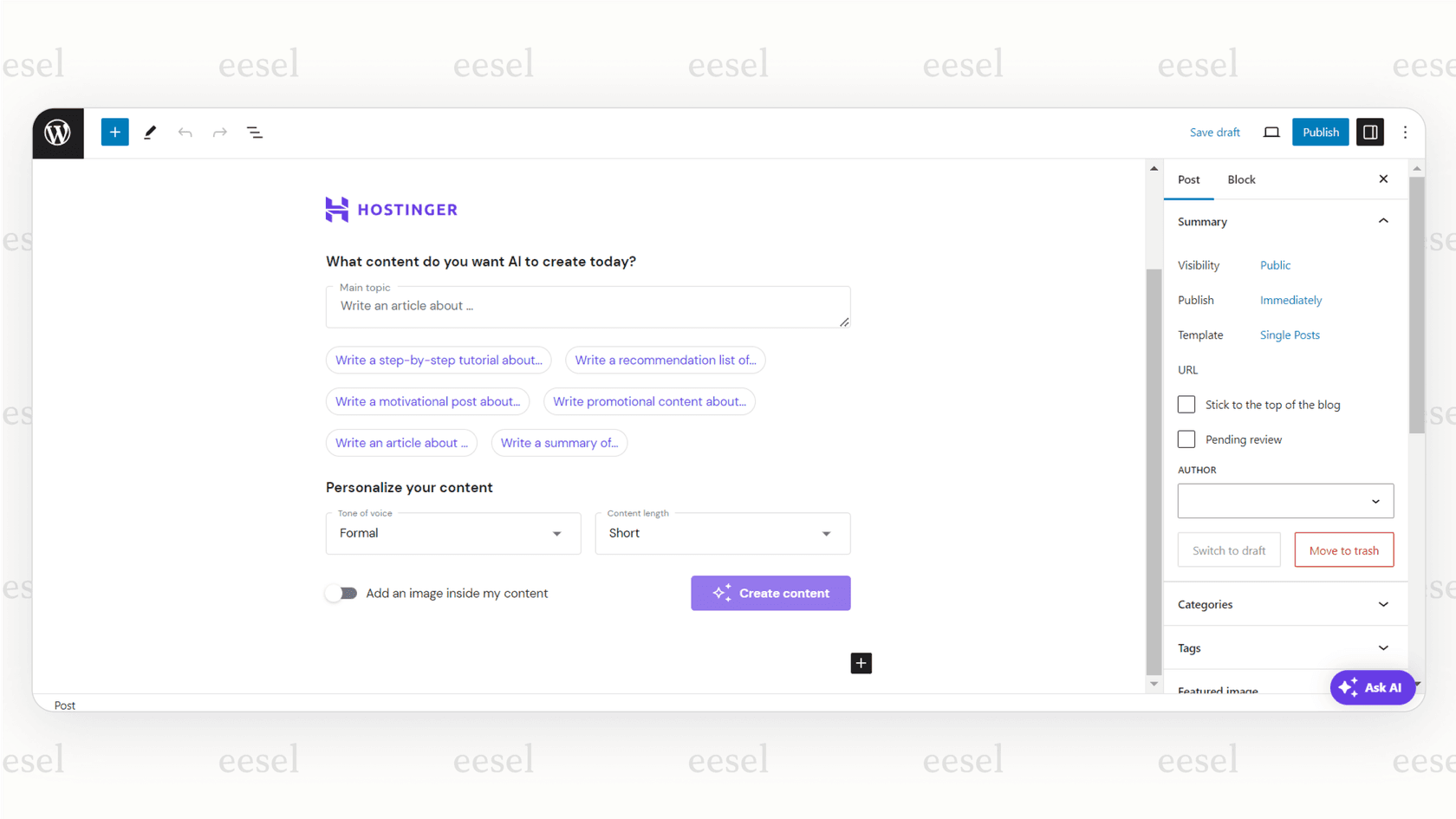 The user interface of the Hostinger WordPress AI Assistant, demonstrating its one-click article generation from a simple text prompt.