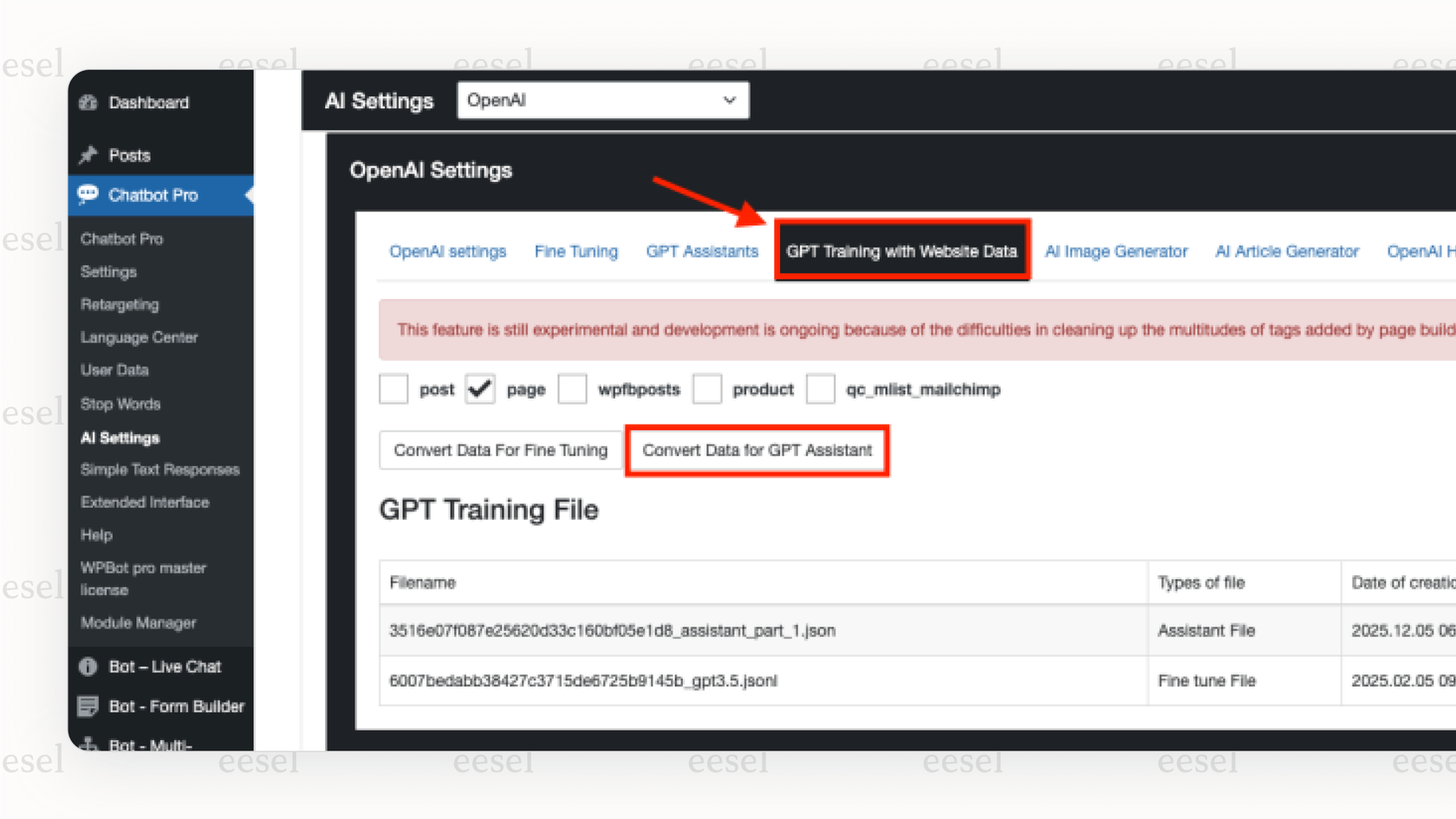 Le panneau des paramètres back-end pour le chatbot IA WordPress WPBot dans la zone d'administration de WordPress.
