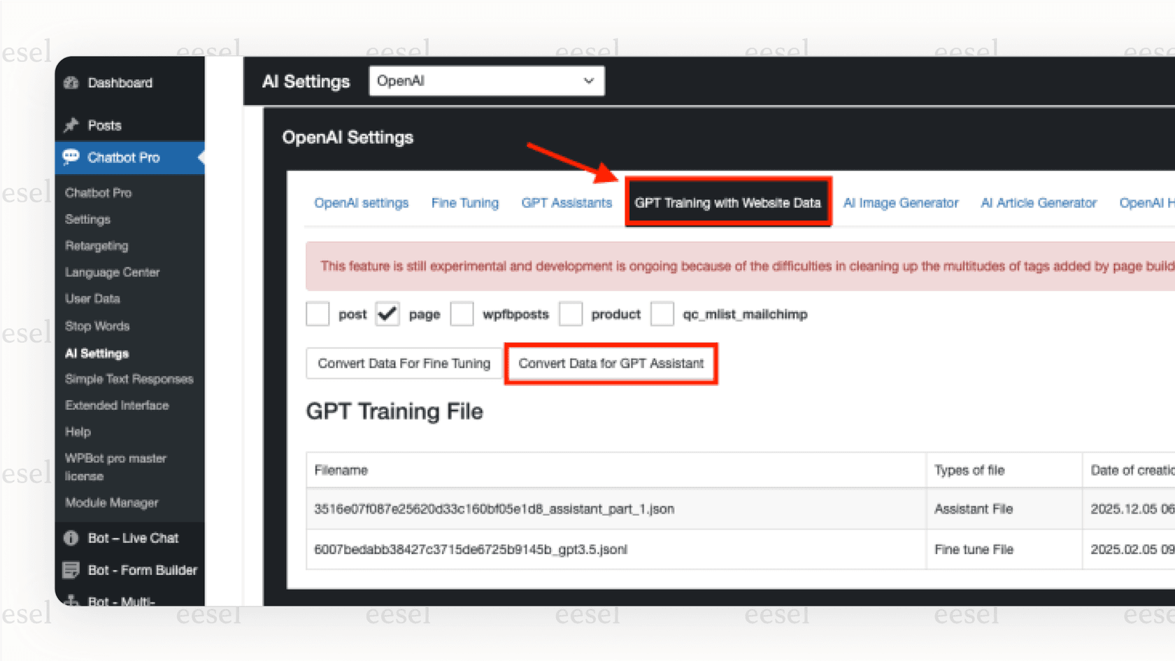 El panel de configuración backend para el chatbot con IA para WordPress WPBot dentro del área de administración de WordPress.