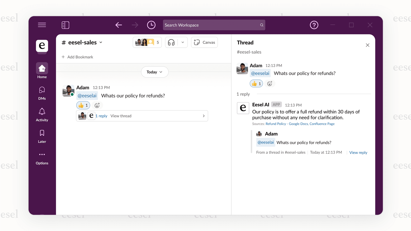 A screenshot of an intelligent search Google Drive AI providing an answer in Slack with sources from both a Google Doc and a Confluence page.