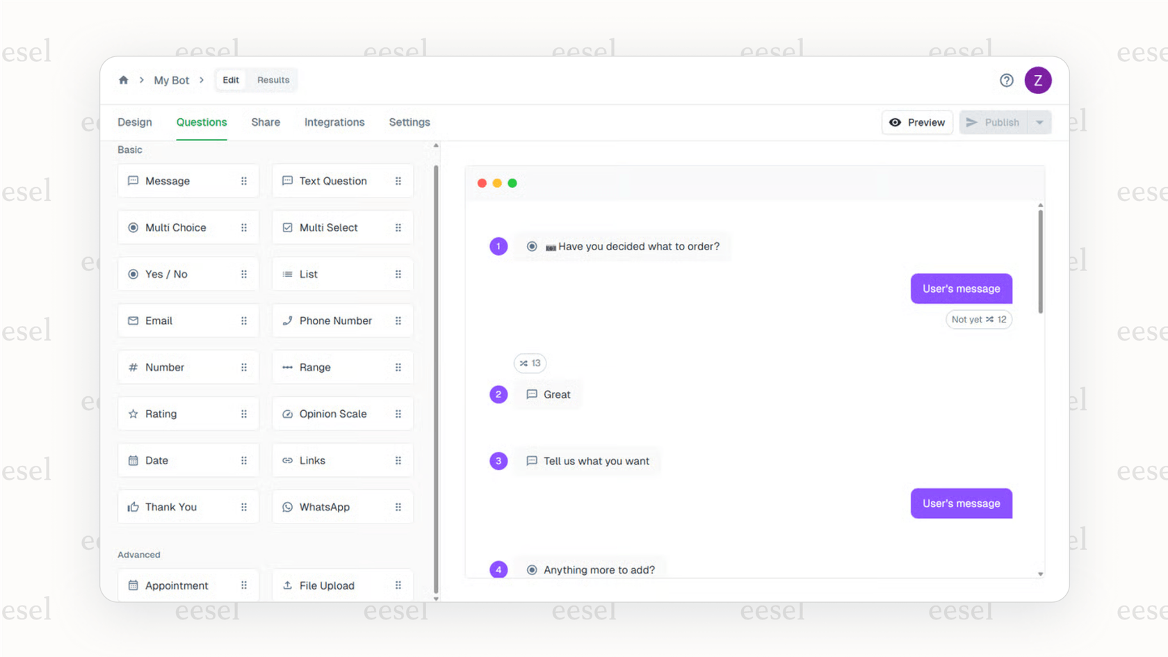L'interface glisser-déposer pour construire un formulaire conversationnel avec Collect.chat, une alternative simple au chatbot IA WordPress.