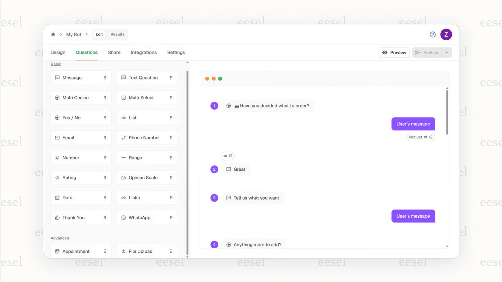 La interfaz de arrastrar y soltar para crear un formulario conversacional con Collect.chat, una alternativa sencilla a un chatbot con IA para WordPress.