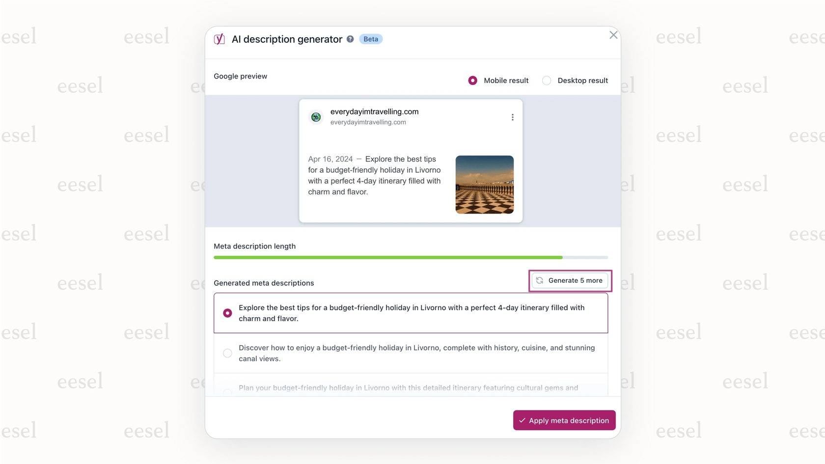 A close-up of the Yoast SEO Premium WordPress AI feature generating multiple options for a post