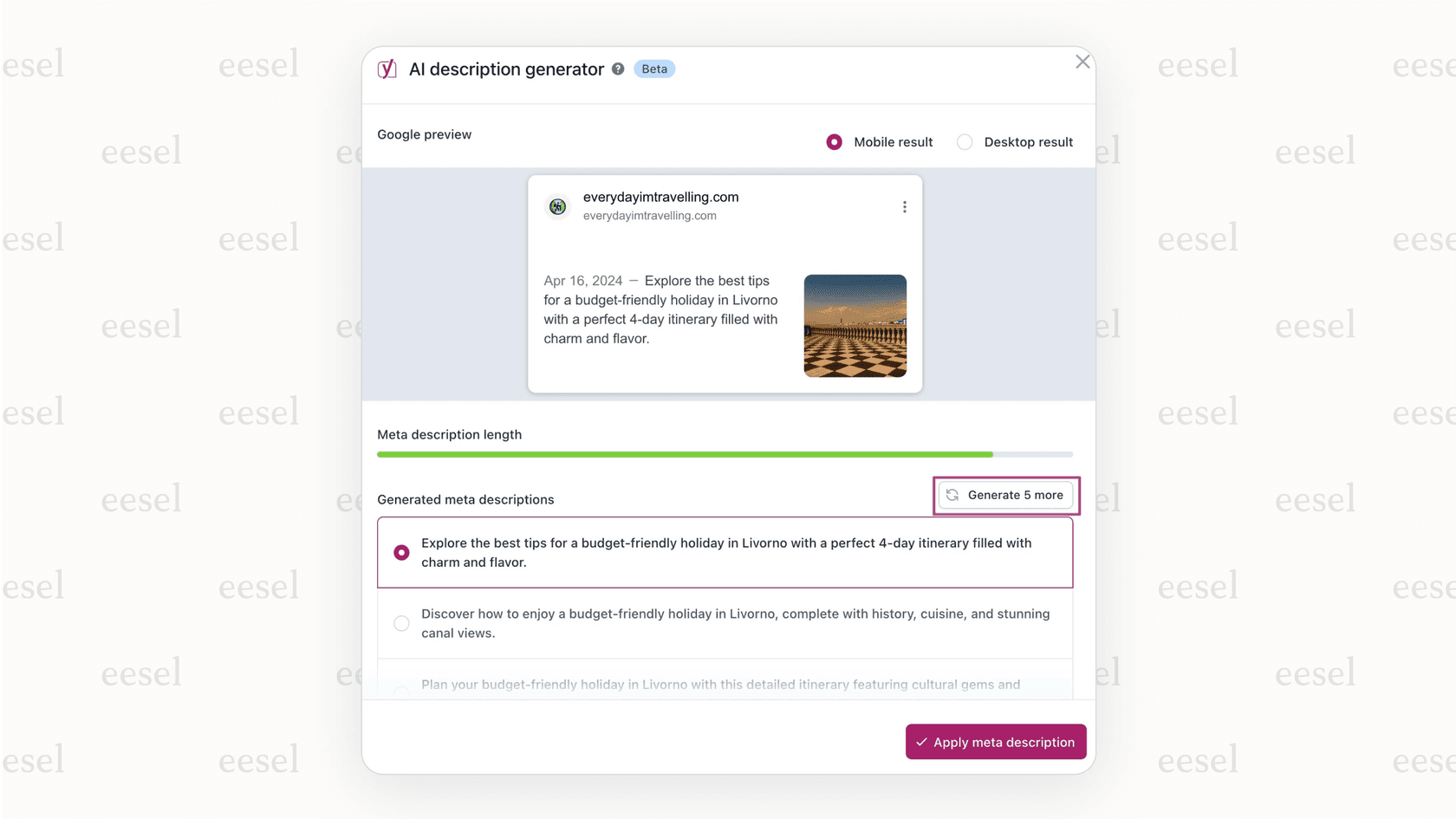 A close-up of the Yoast SEO Premium WordPress AI feature generating multiple options for a post