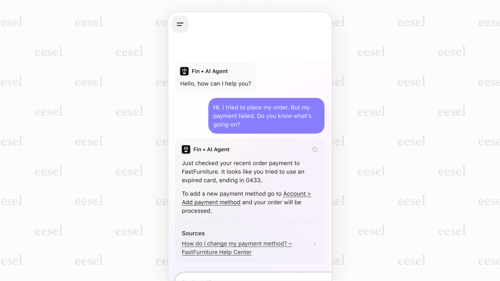 A screenshot demonstrating a customer interaction with the Intercom AI chatbot, Fin, as it resolves a support query about order tracking.