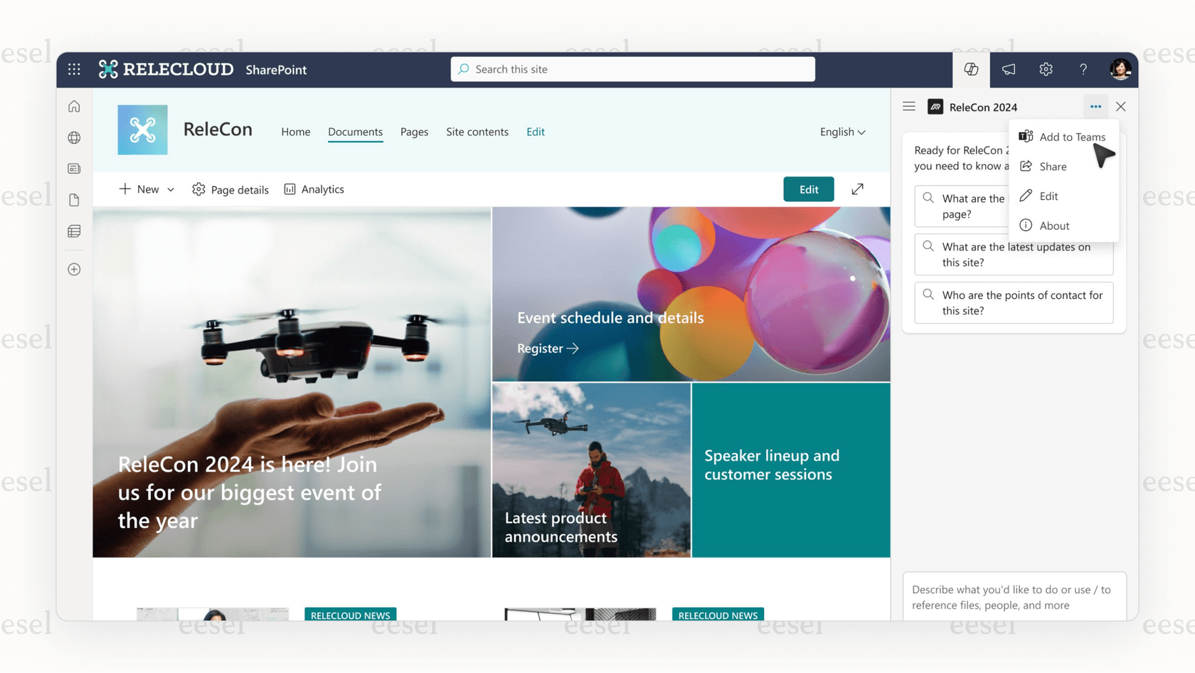 Uma captura de tela demonstrando como o SharePoint AI, através do Copilot, pode gerar automaticamente um rascunho de plano de projeto dentro de uma página do SharePoint.