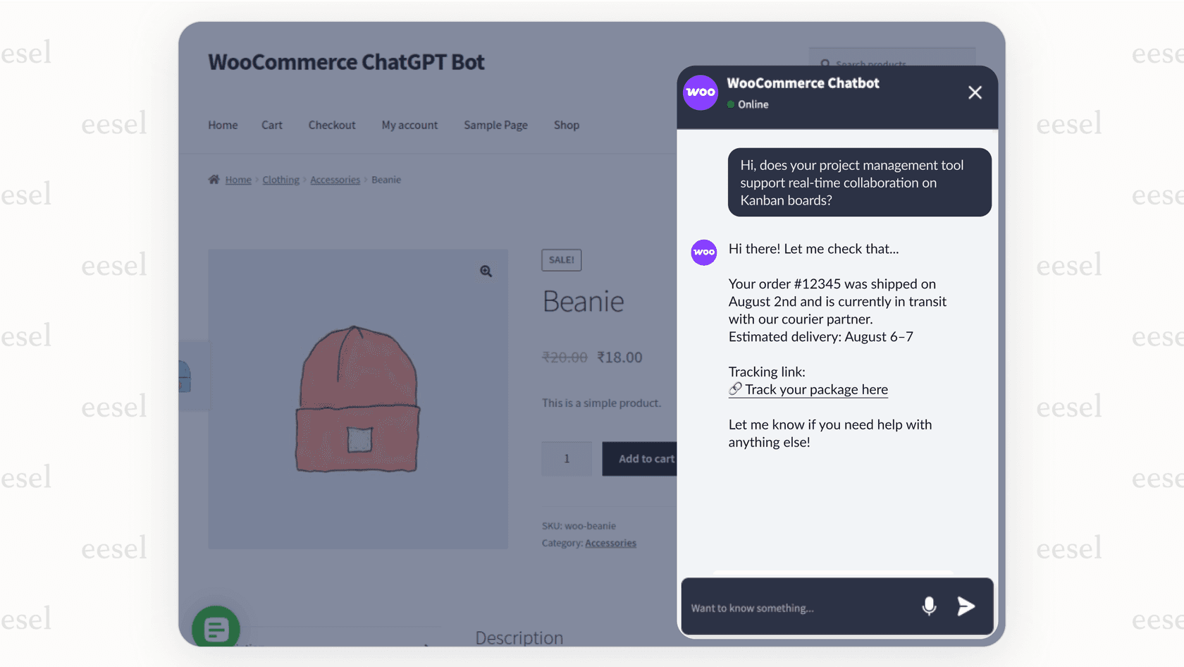 Example of a WooCommerce AI tool instantly answering a customer