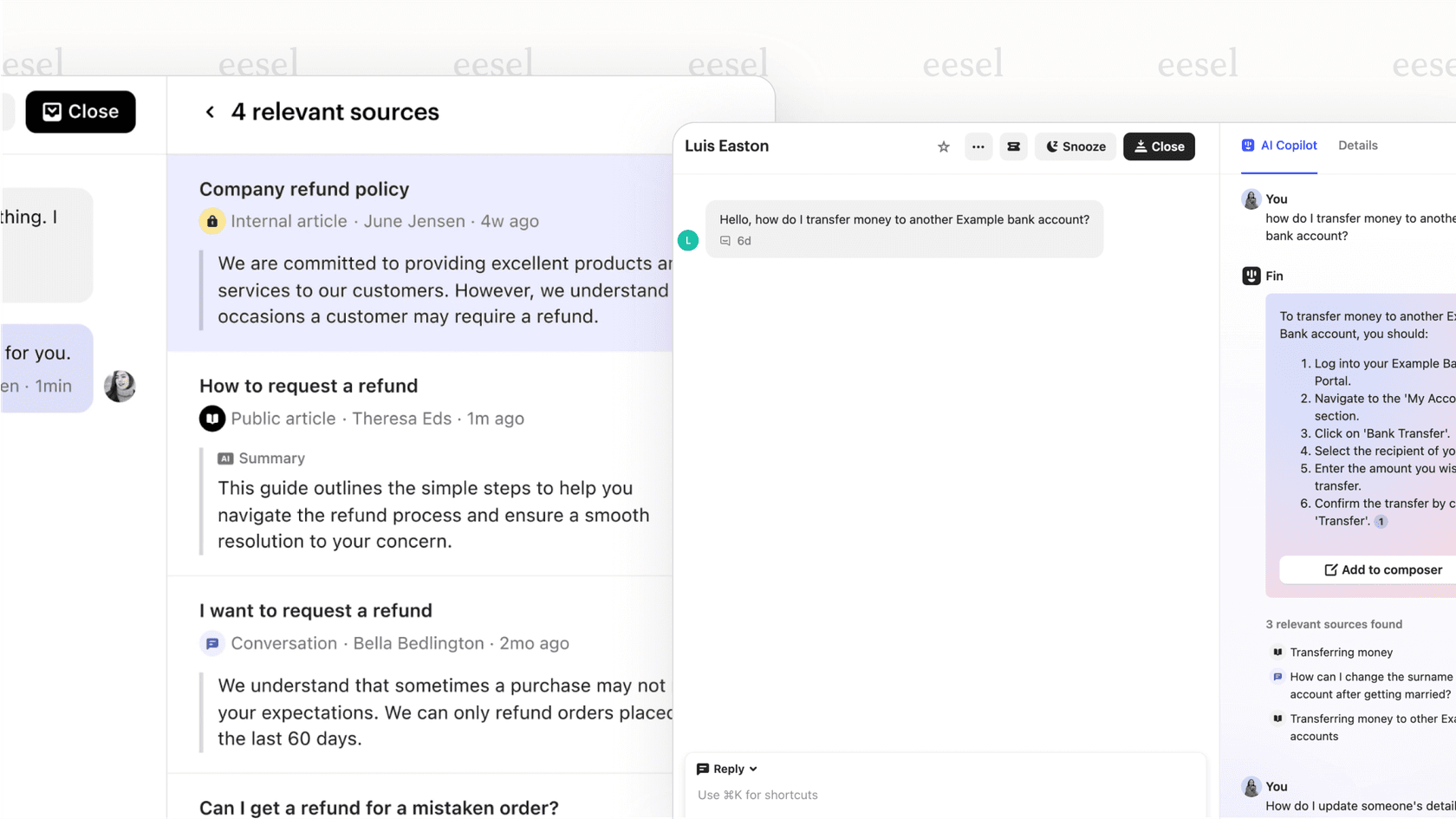 A screenshot of the Intercom AI Copilot assisting a human agent by suggesting replies and summarizing a ticket within the Intercom Inbox.