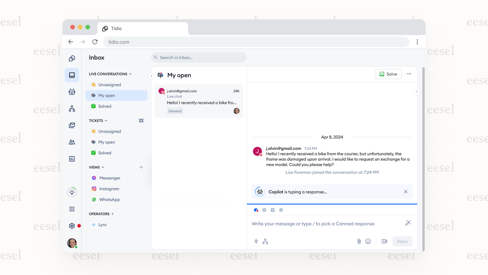 A screenshot of the Tidio agent dashboard where a customer chat is active. On the side, the Copilot panel shows a suggested reply, which the agent can click to use, demonstrating the Tidio AI chatbot's assistance feature.